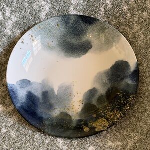 Abstract Blue Ivory Gold Geode Marblized Ceramic Decorative Serve Bowl NWT9.5"